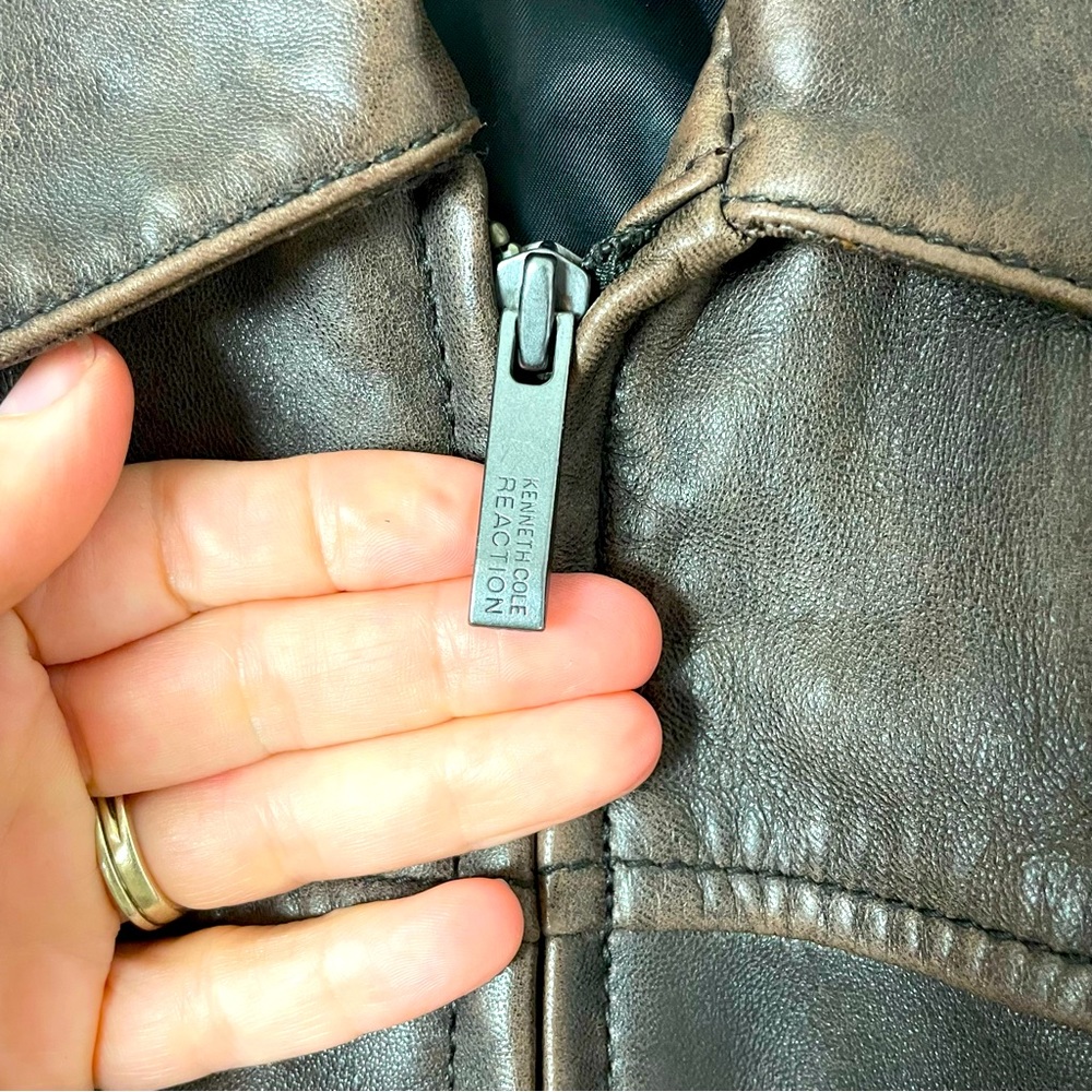 Kenneth Cole Reaction Leather Bomber Coat zip up Lined Brown Medium - Picture 4 of 13